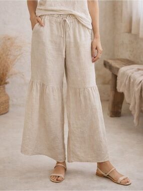 CP Shades 100% Linen Wide Leg Pants Cream Tiered S Lagenlook Boho Granola Girl